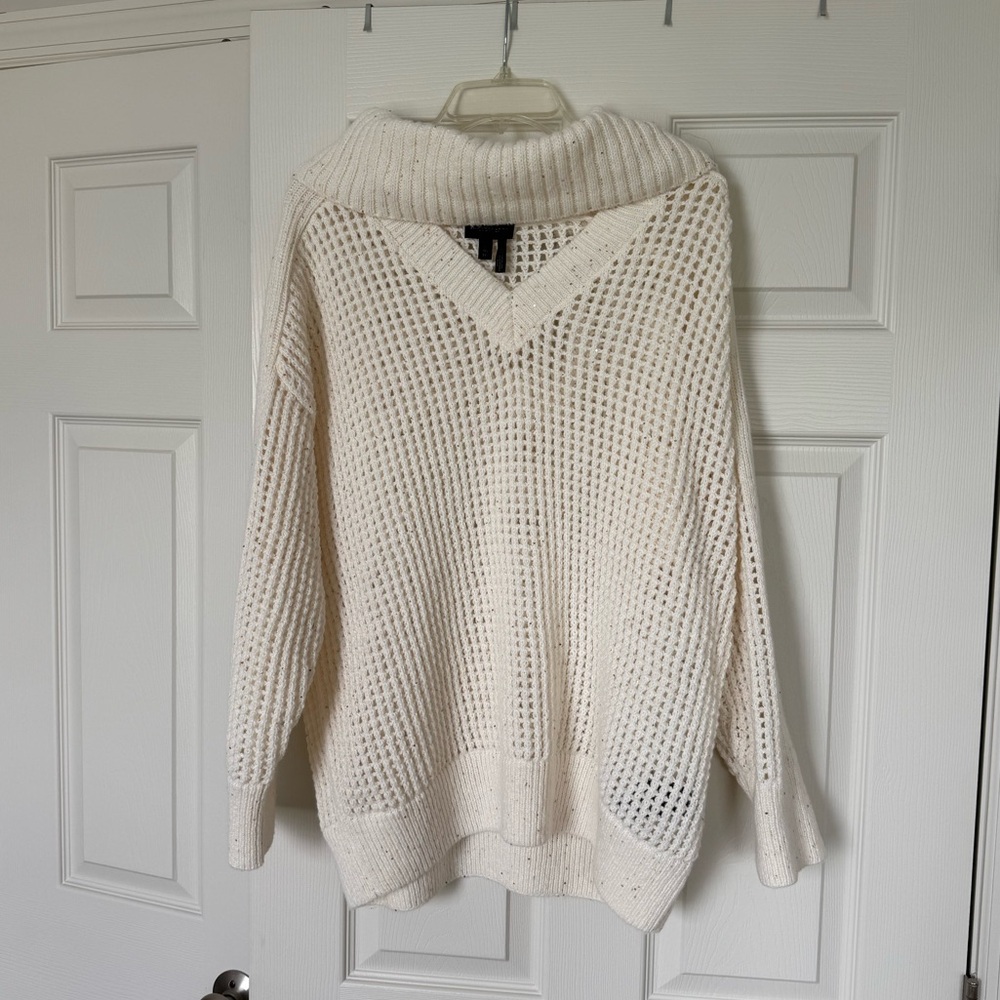 Donna Karan Ivory and Gold Sequin Cut Out Turtle Neck Sweater